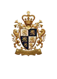 The isolated golden AngloShield royal coat of arms with lions rampant and crown, featuring the 'ANGLOSHIELD' banner below, on a deep dark wood background.