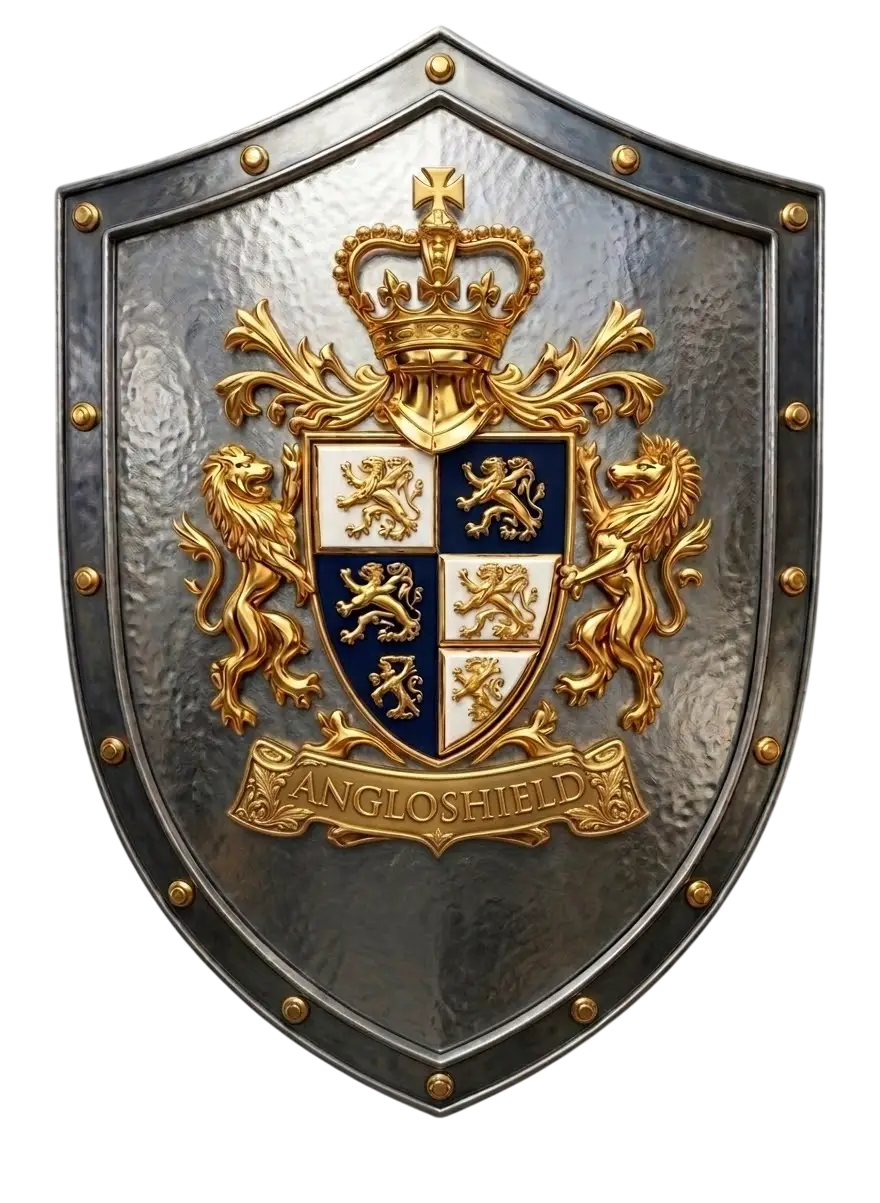Highly polished silver and gold AngloShield, featuring the royal coat of arms and text banner, representing absolute financial security and protection for Anglo expats in Israel.