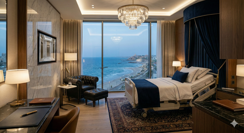 Luxury private hospital suite in Israel overlooking the Tel Aviv coastline, representing premium medical insurance shielding for Anglo expats.