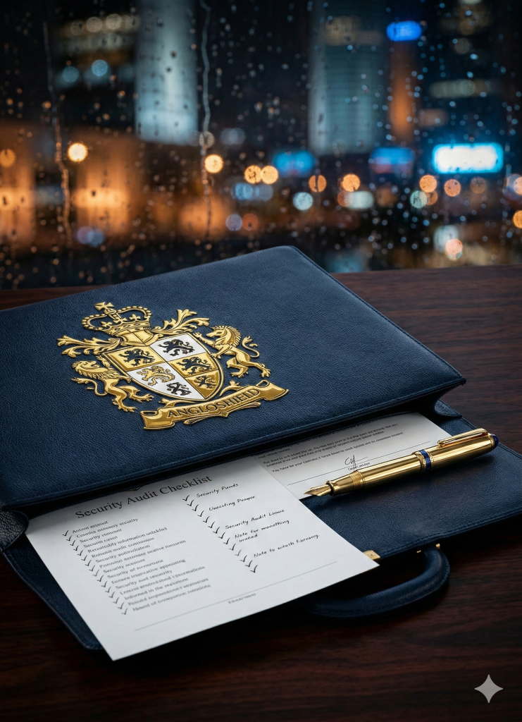 Close-up of a dark navy leather document portfolio with a gold foil AngloShield logo, featuring an insurance checklist and a luxury gold fountain pen for a professional policy audit.