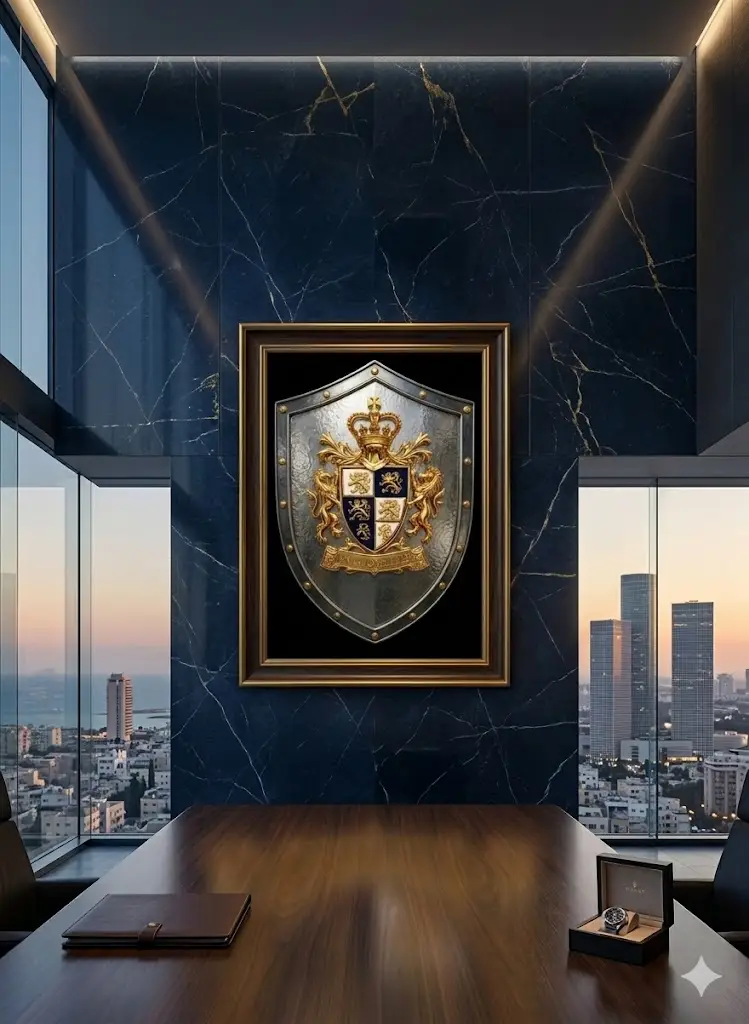 AngloShield Golden Coat of Arms in VIP Penthouse Boardroom, Tel Aviv Skyline View