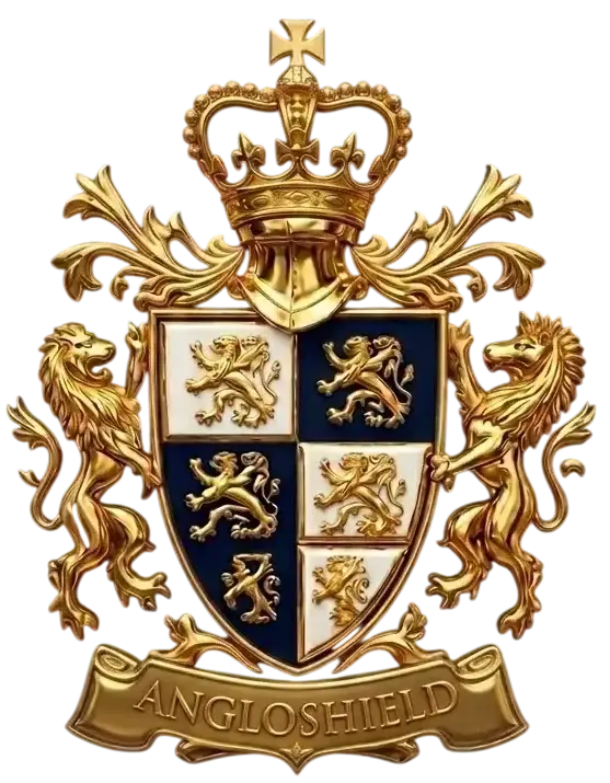 The isolated golden AngloShield royal coat of arms with lions rampant and crown, featuring the 'ANGLOSHIELD' banner below, on a deep dark wood background.