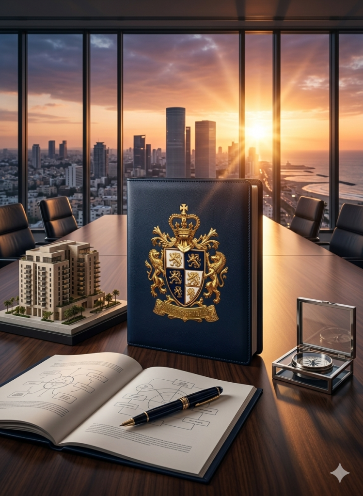 Deep navy leather portfolio featuring the golden AngloShield coat of arms on a boardroom table, overlooking the Tel Aviv skyline, symbolizing elite Anglo relocation to Israel.