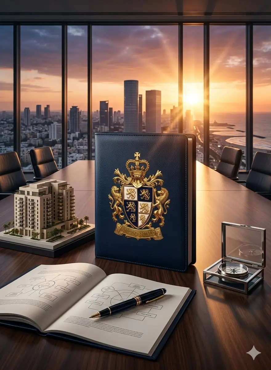 Deep navy leather portfolio featuring the golden AngloShield coat of arms on a boardroom table, overlooking the Tel Aviv skyline, symbolizing elite Anglo relocation to Israel.